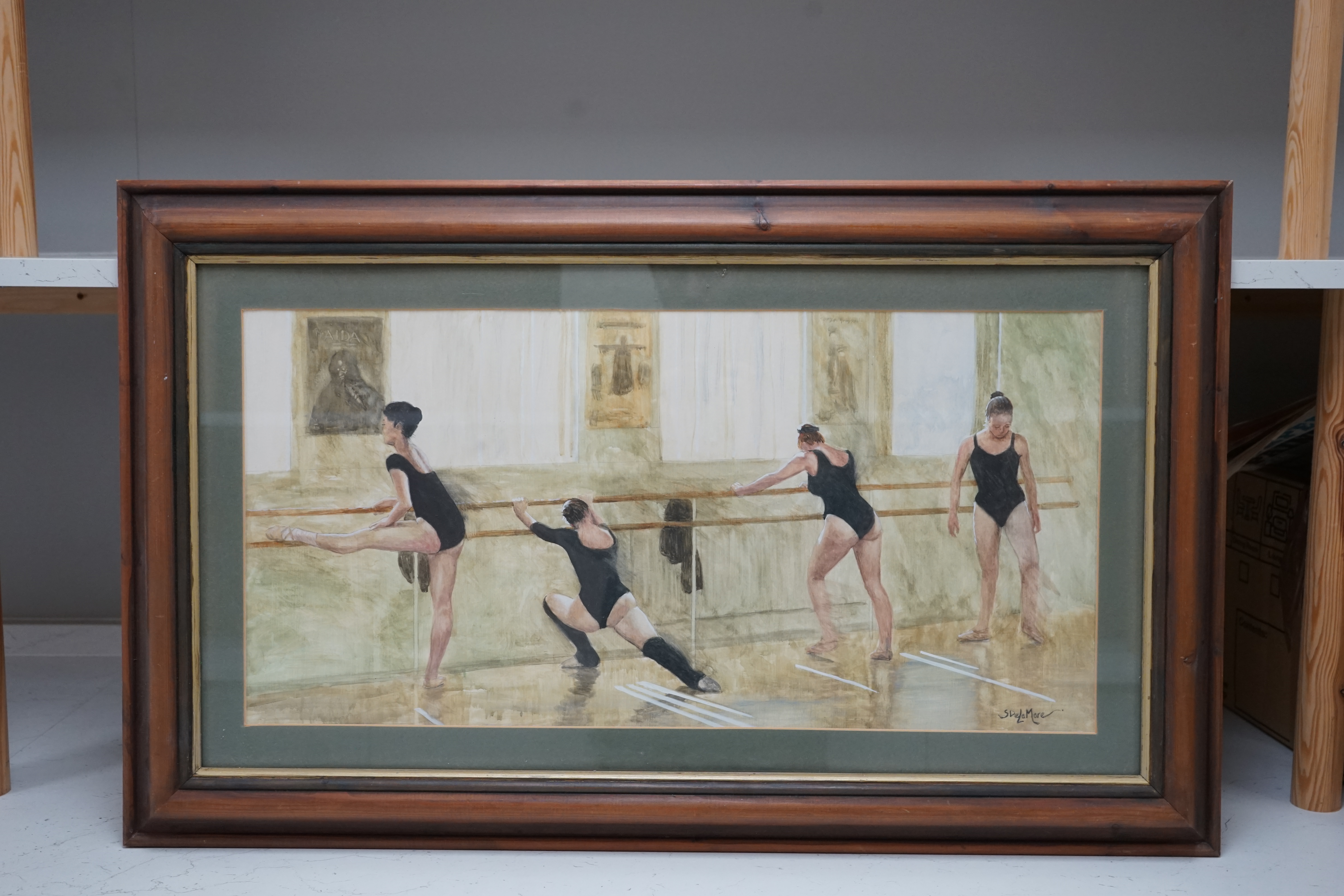 S. de la Mare, mixed media and heightened watercolour, Study of four ballet dancers, signed, 33 x 67cm. Condition - good